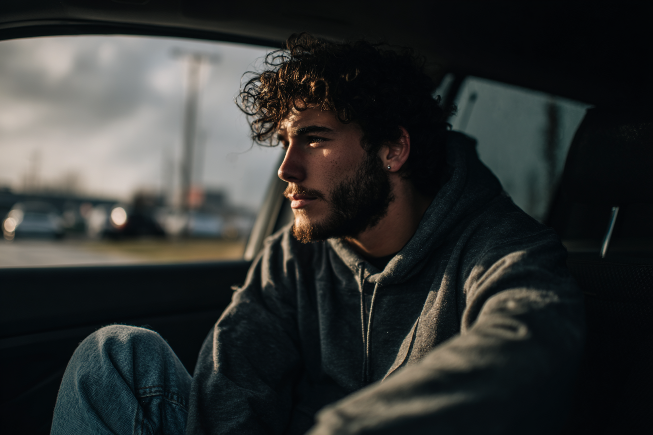 A young man in a car | Source: Midjourney