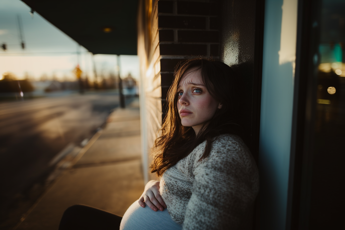 Sad pregnant young woman at a bus stop | Source: Midjourney