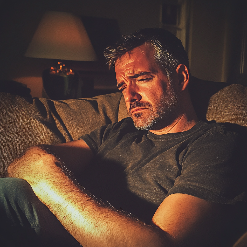 An upset man sitting on a couch | Source: Midjourney