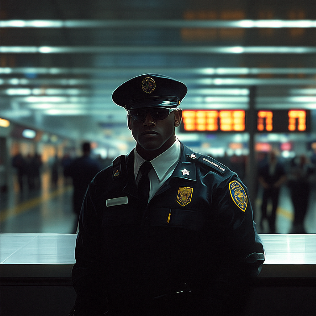 Un severo oficial de seguridad aeroportuaria | Fuente: Midjourney