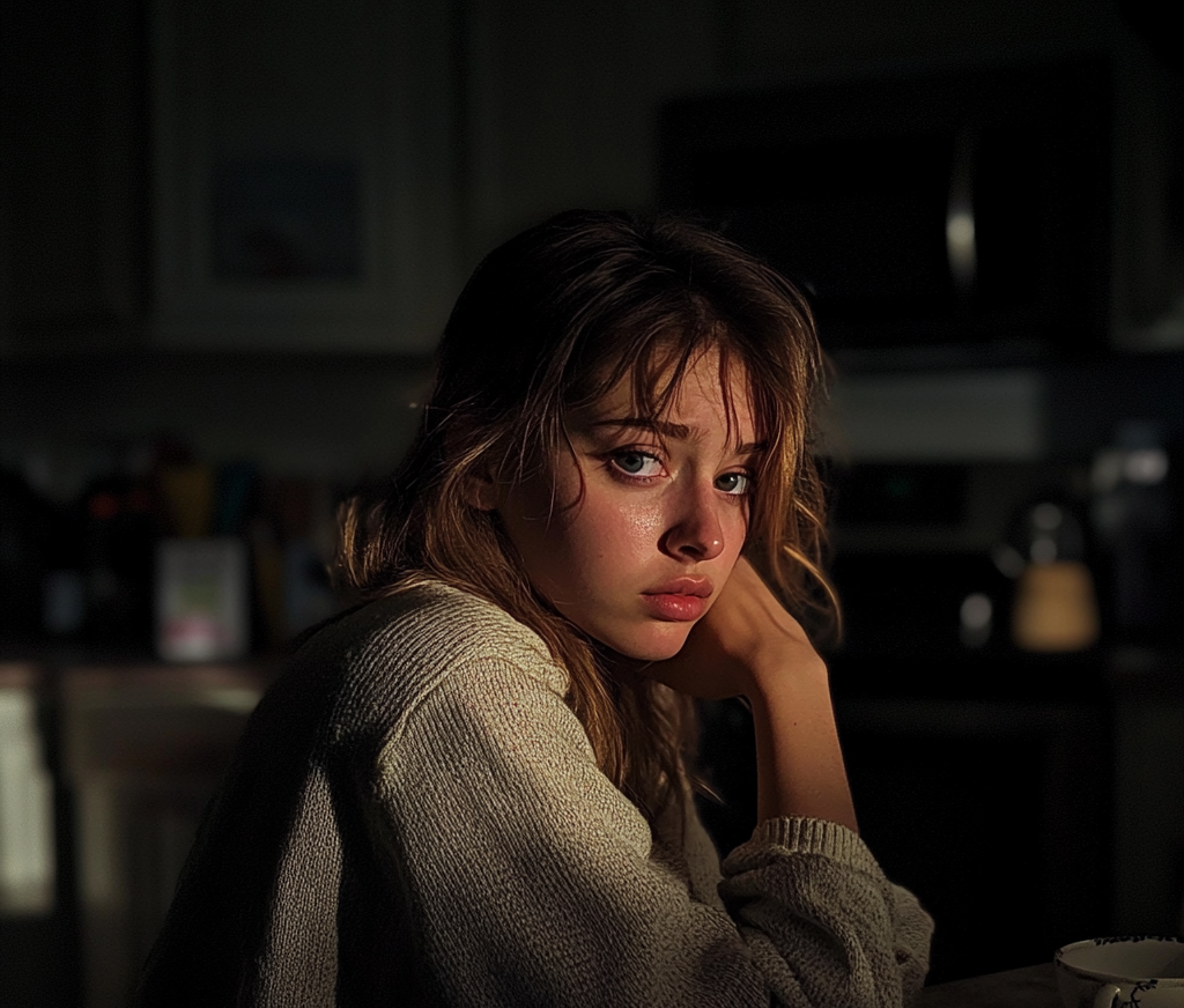 An upset young woman sitting at a kitchen counter | Source: Midjourney