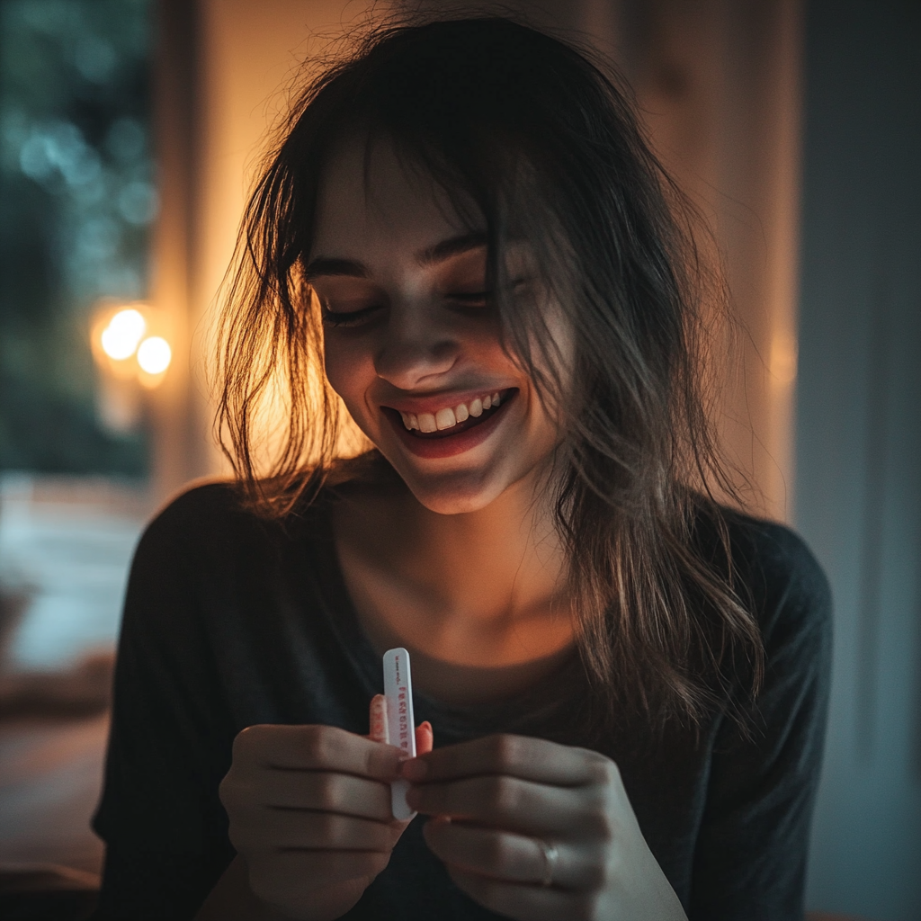 Woman holding a pregnancy test kit | Source: Midjourney