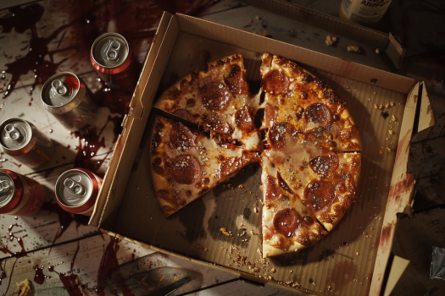 Leftover pizza and beer cans in a messy room | Source: Midjourney