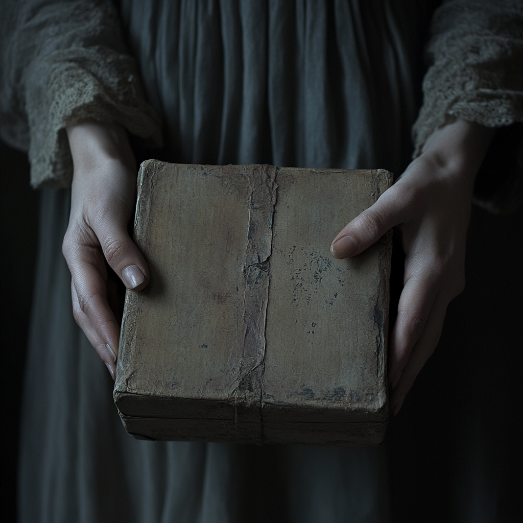 A woman holding an old box | Source: Midjourney