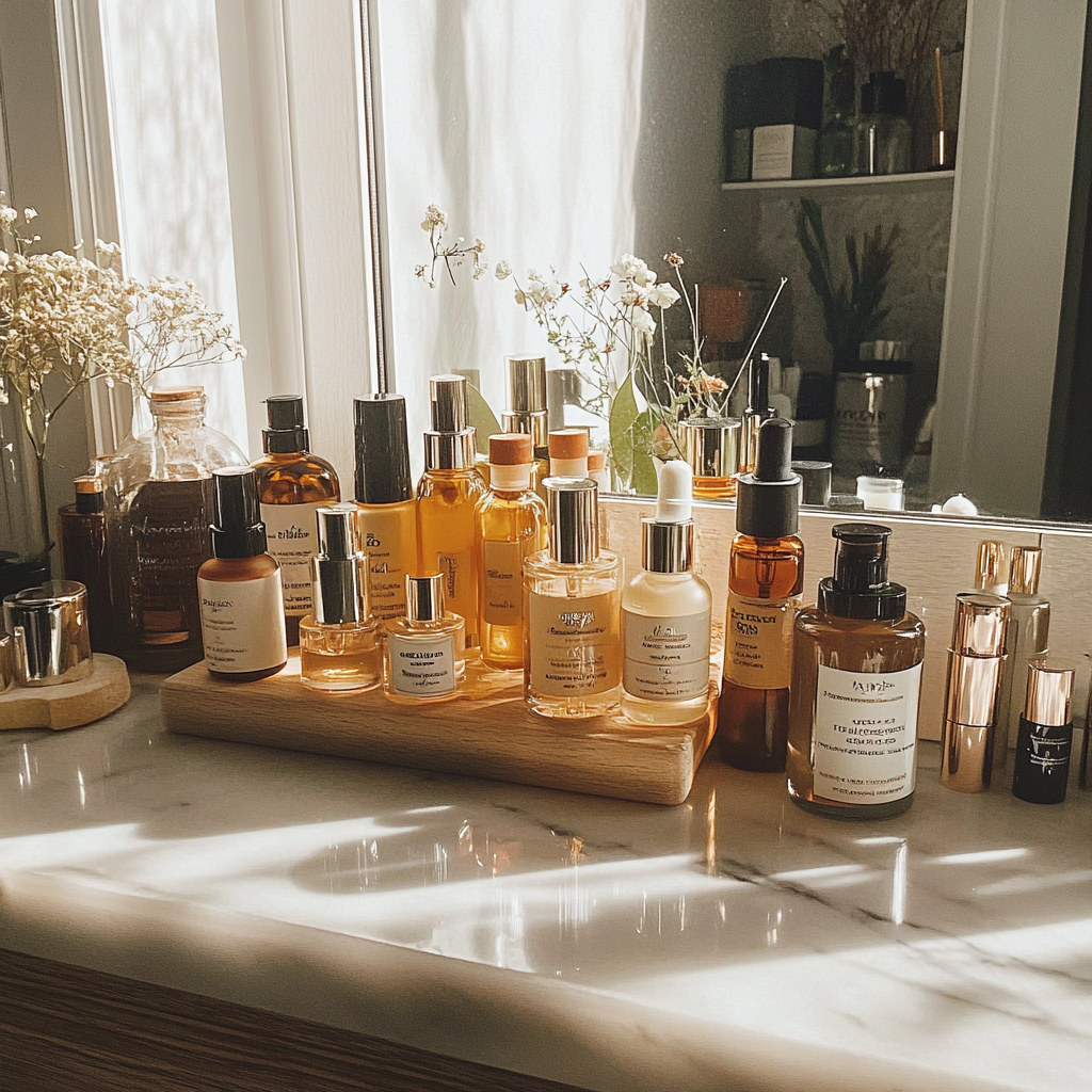A vanity with serums and lotions | Source: Midjourney