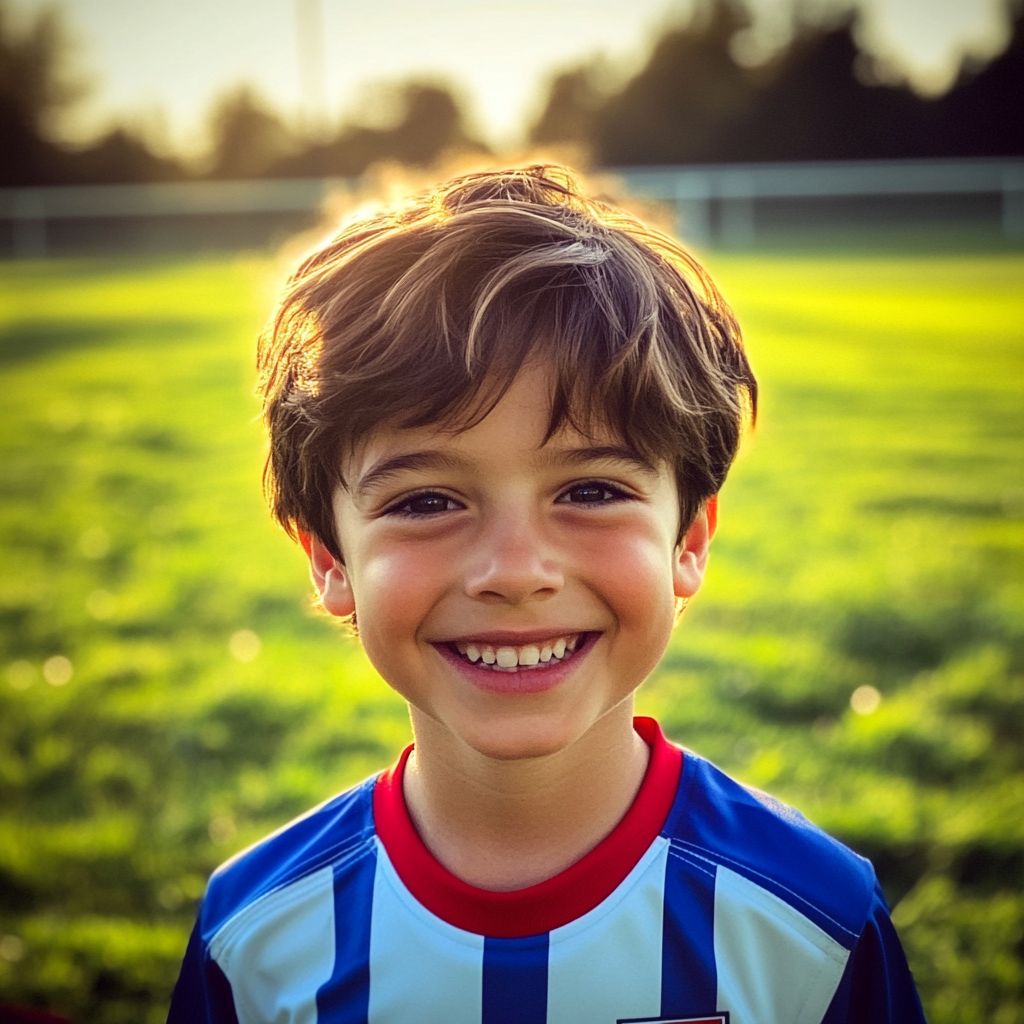 A smiling little boy wearing a soccer shirt | Source: Midjourney