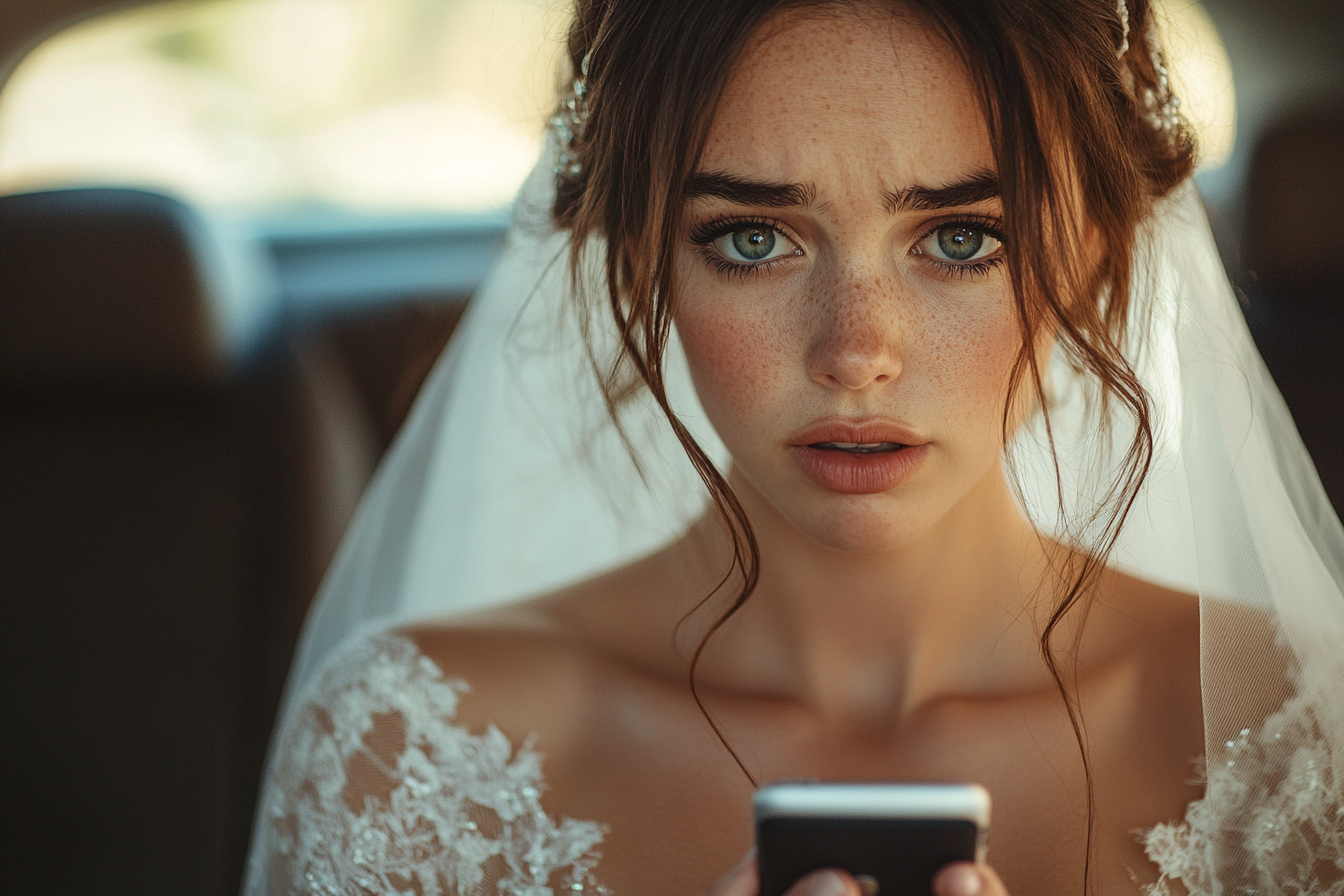 A sad and angry bride using her phone | Source: Midjourney