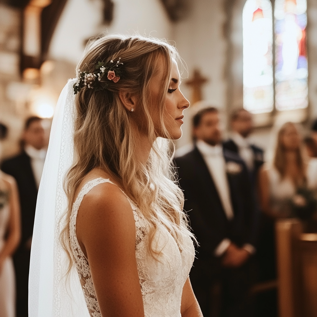 A side profile of a bride in a church | Source: Midjourney