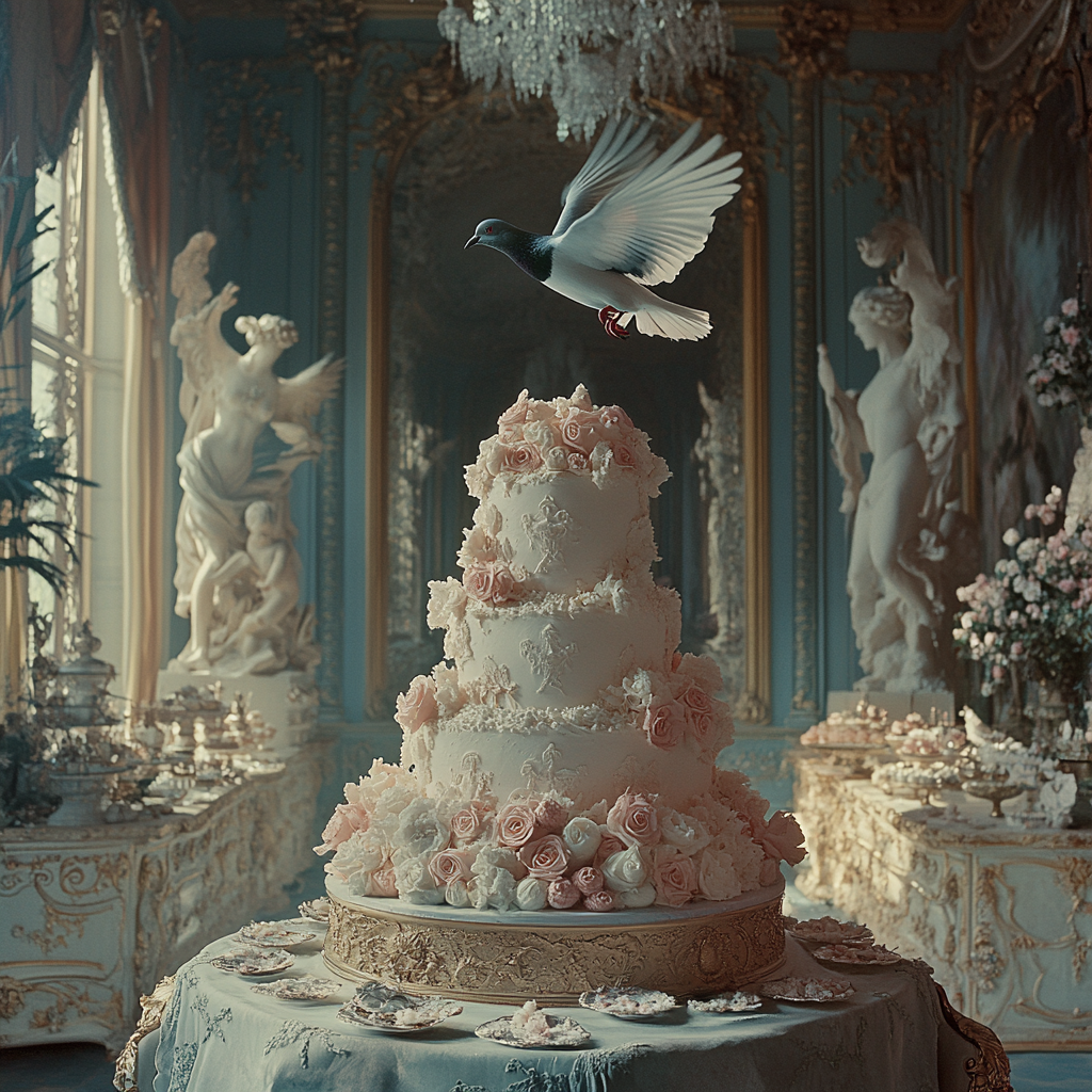 A pigeon flying over a cake | Source: Midjourney