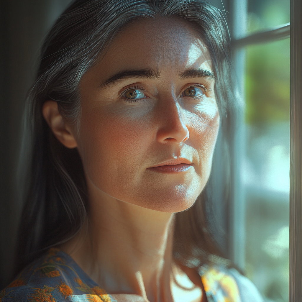 A woman standing near a window | Source: Midjourney