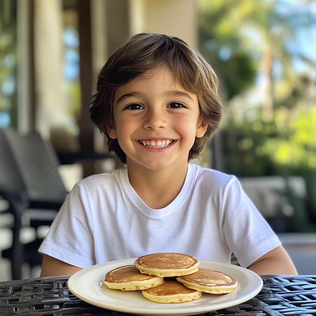 A little boy sitting at a table with pancakes | Source: Midjourney