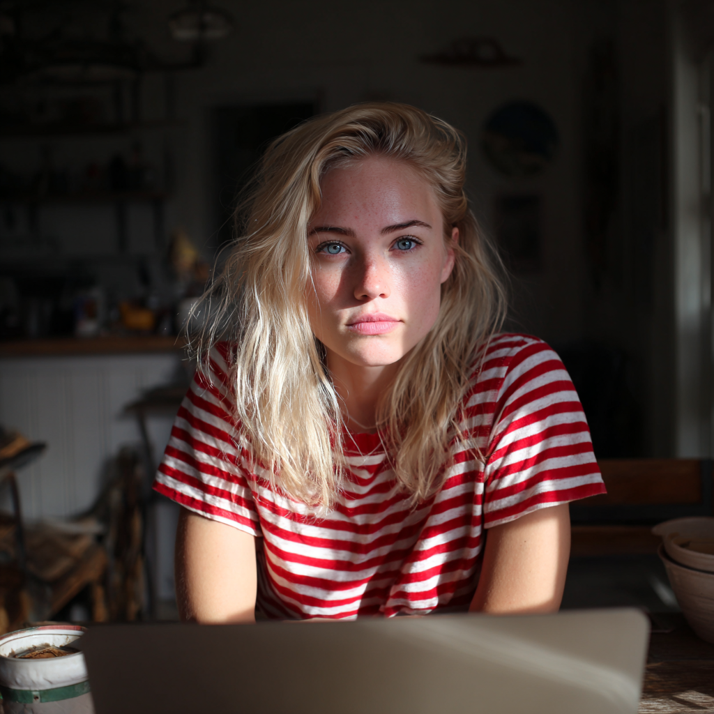 A pensive woman sitting with her laptop | Source: Midjourney