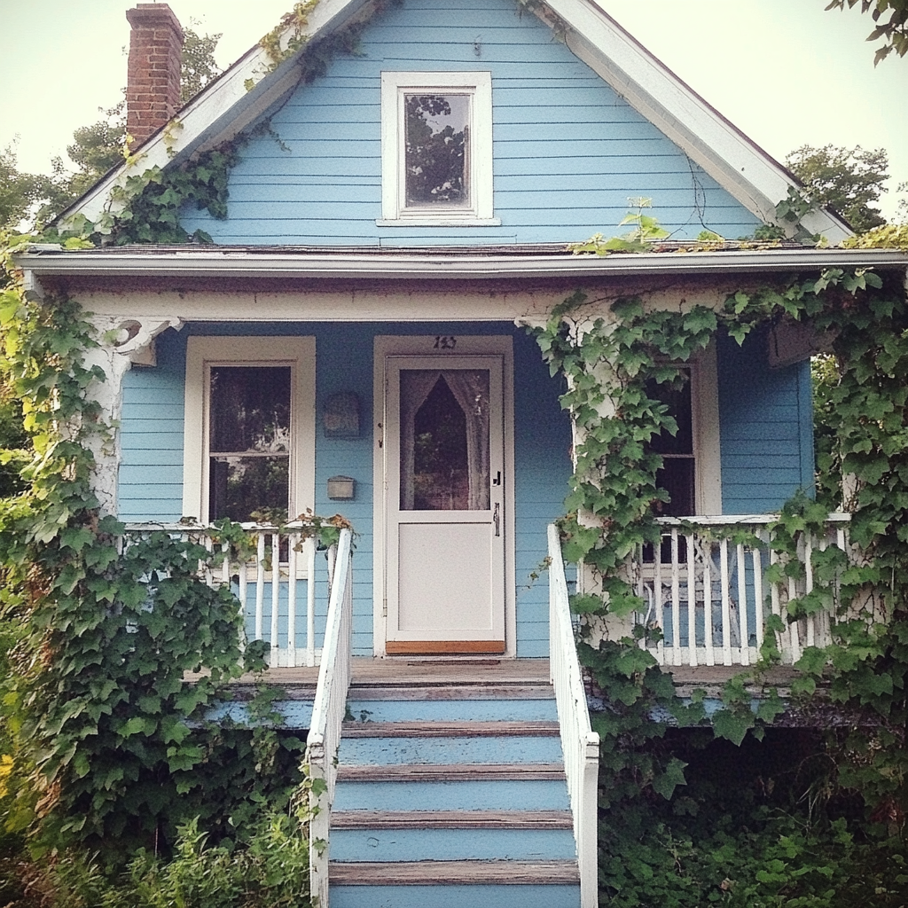 A blue cottage with ivy growing up the walls | Source: Midjourney