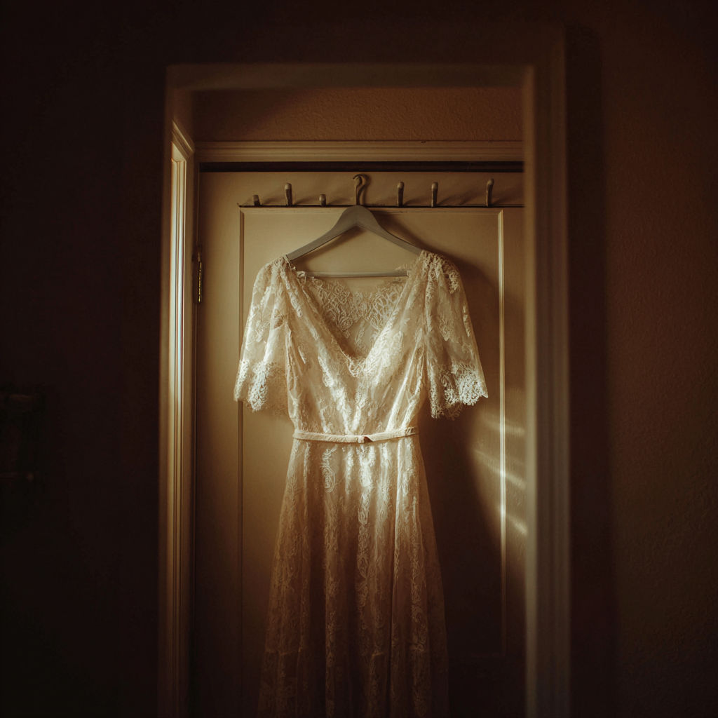 A wedding dress hanging on a door | Source: Midjourney