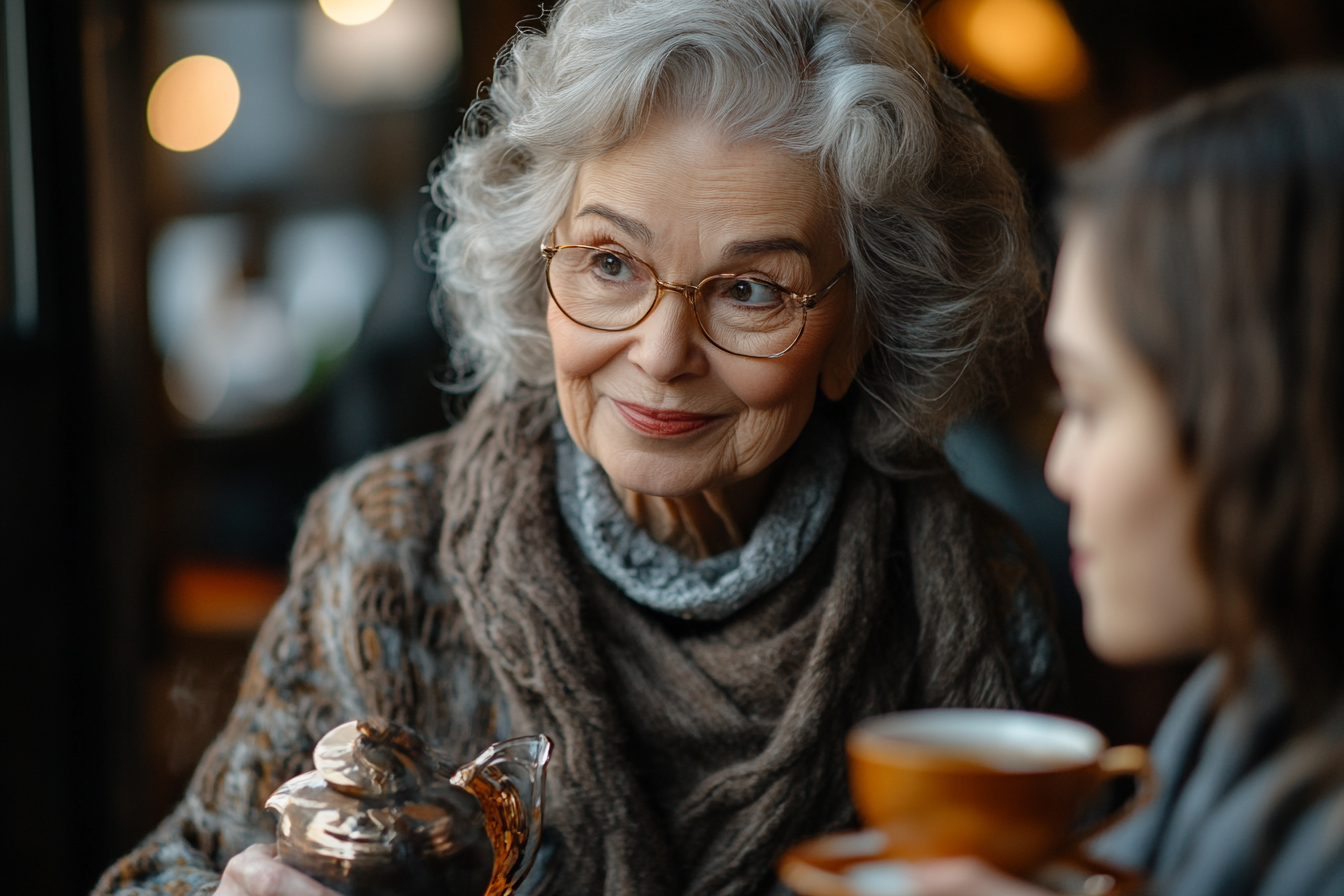 Senior woman pouring tea while talking to her daughter in law | Source: Midjourney
