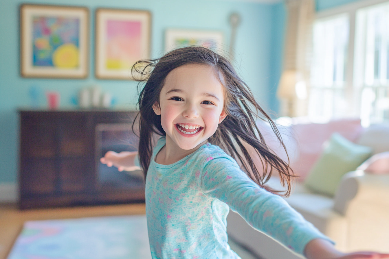 A happy girl in a living room | Source: Midjourney