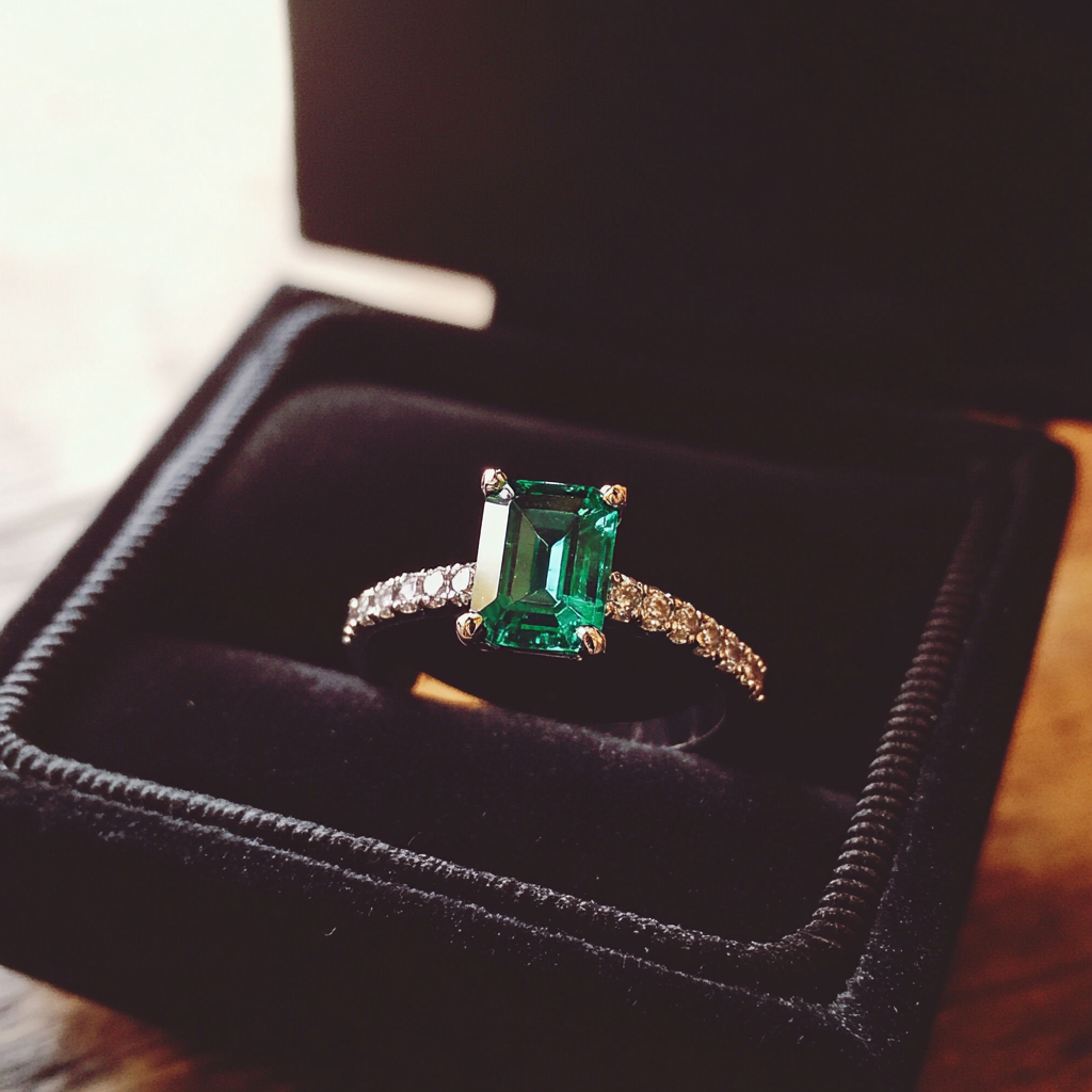 An engagement ring in a velvet box | Source: Midjourney