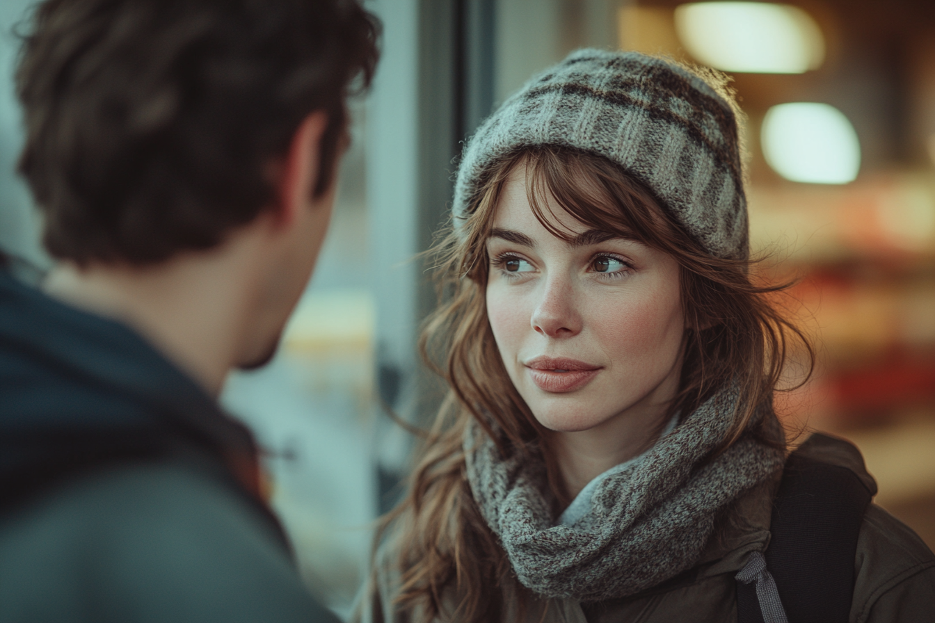 A man and a woman chatting outside a grocery store | Source: Midjourney