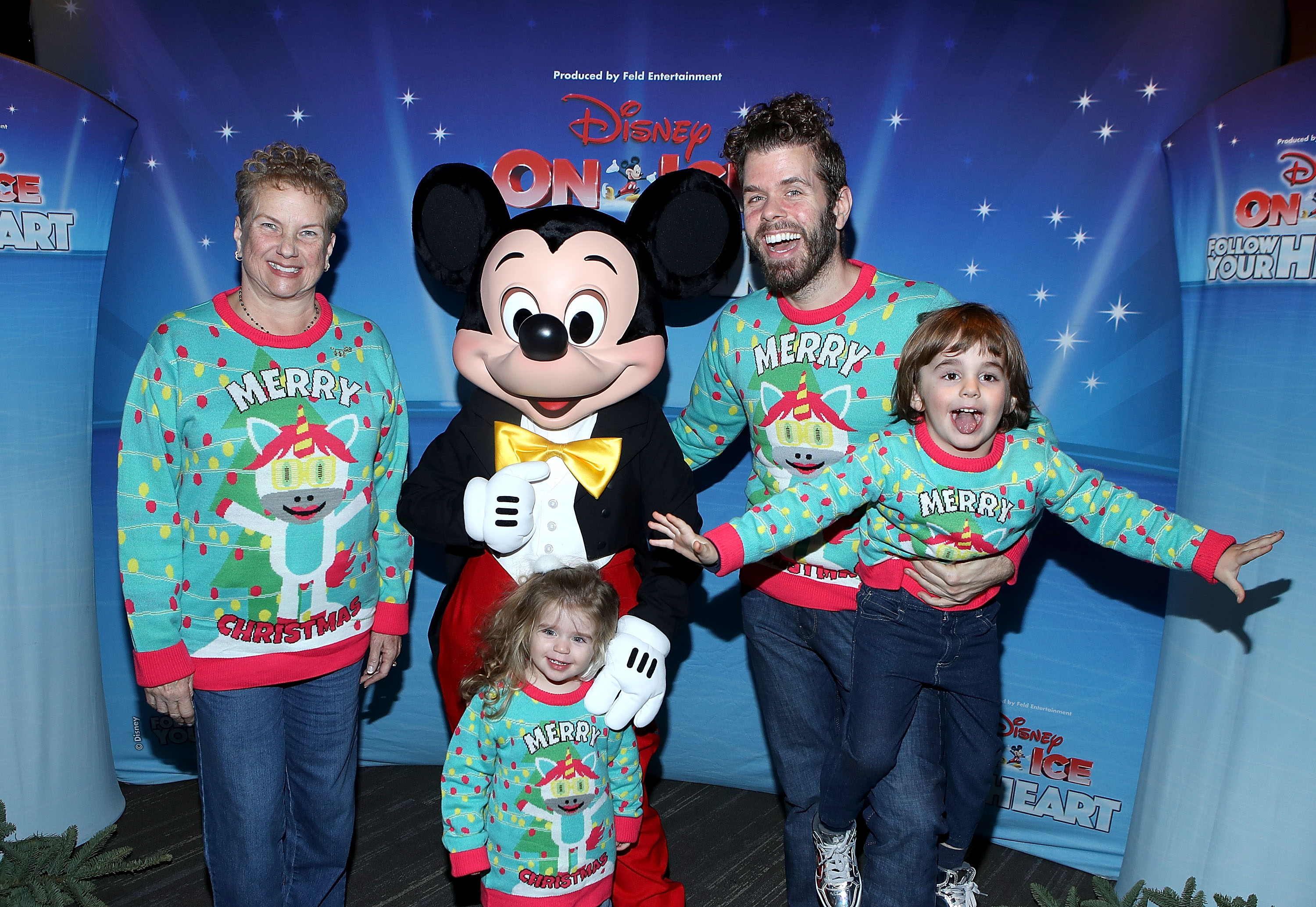 Teresita Lavandeira, Mickey Mouse, Mia Alma Lavandeira, Perez Hilton and Mario Armando Lavandeira III attend Disney On Ice: Follow Your Heart at Staples Center on December 16, 2017 in Los Angeles, California. | Source: Getty Images