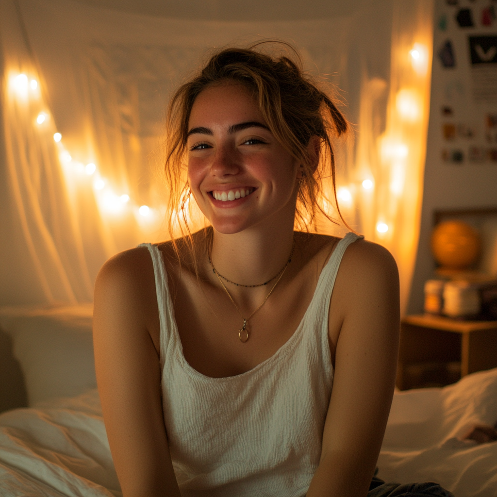 A smiling woman in her bedroom | Source: Midjourney