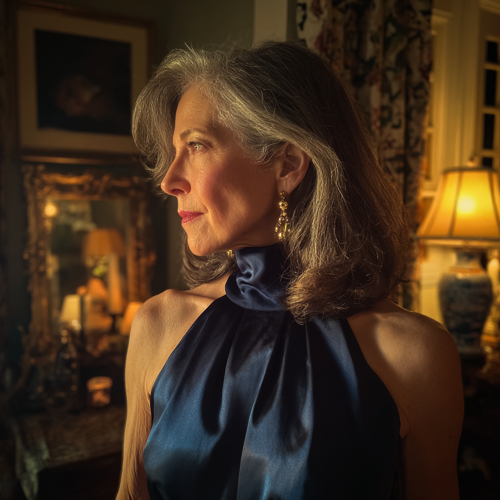 An upset older woman wearing a navy silk dress | Source: Midjourney