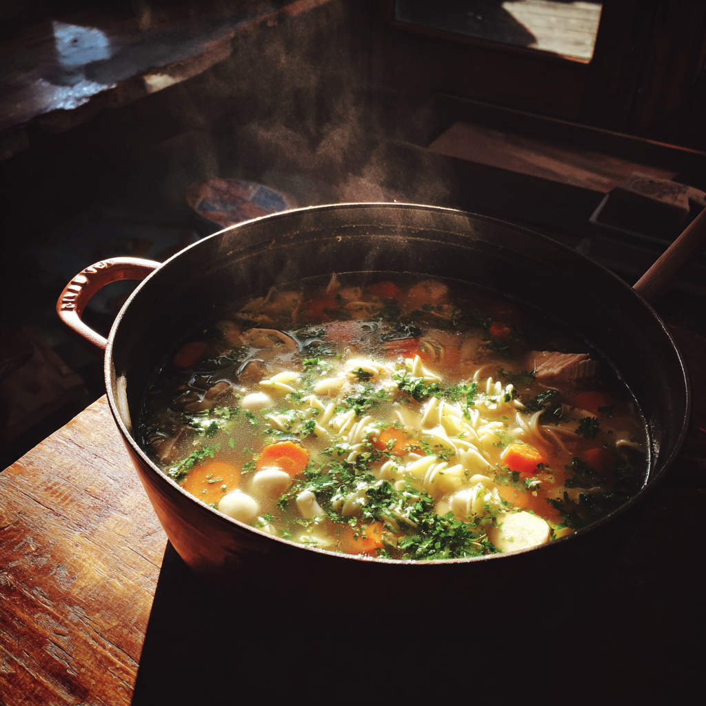 A pot of chicken noodle soup | Source: Midjourney