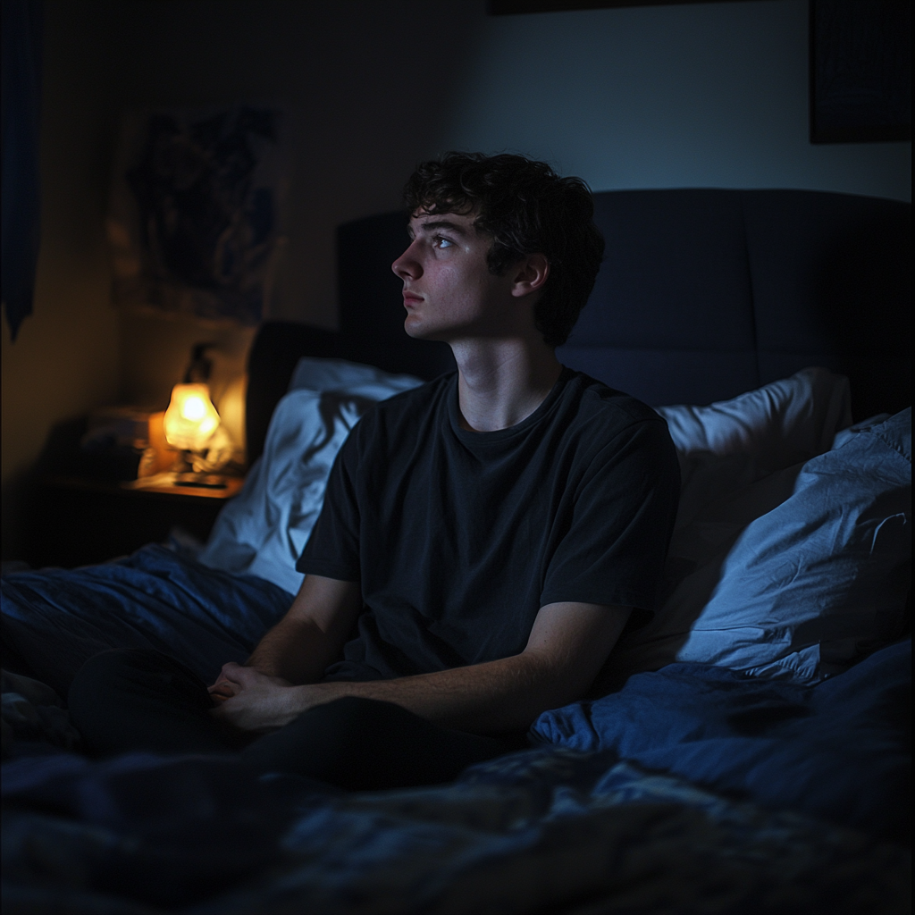 A young man seated in his bed at night | Source: Midjourney