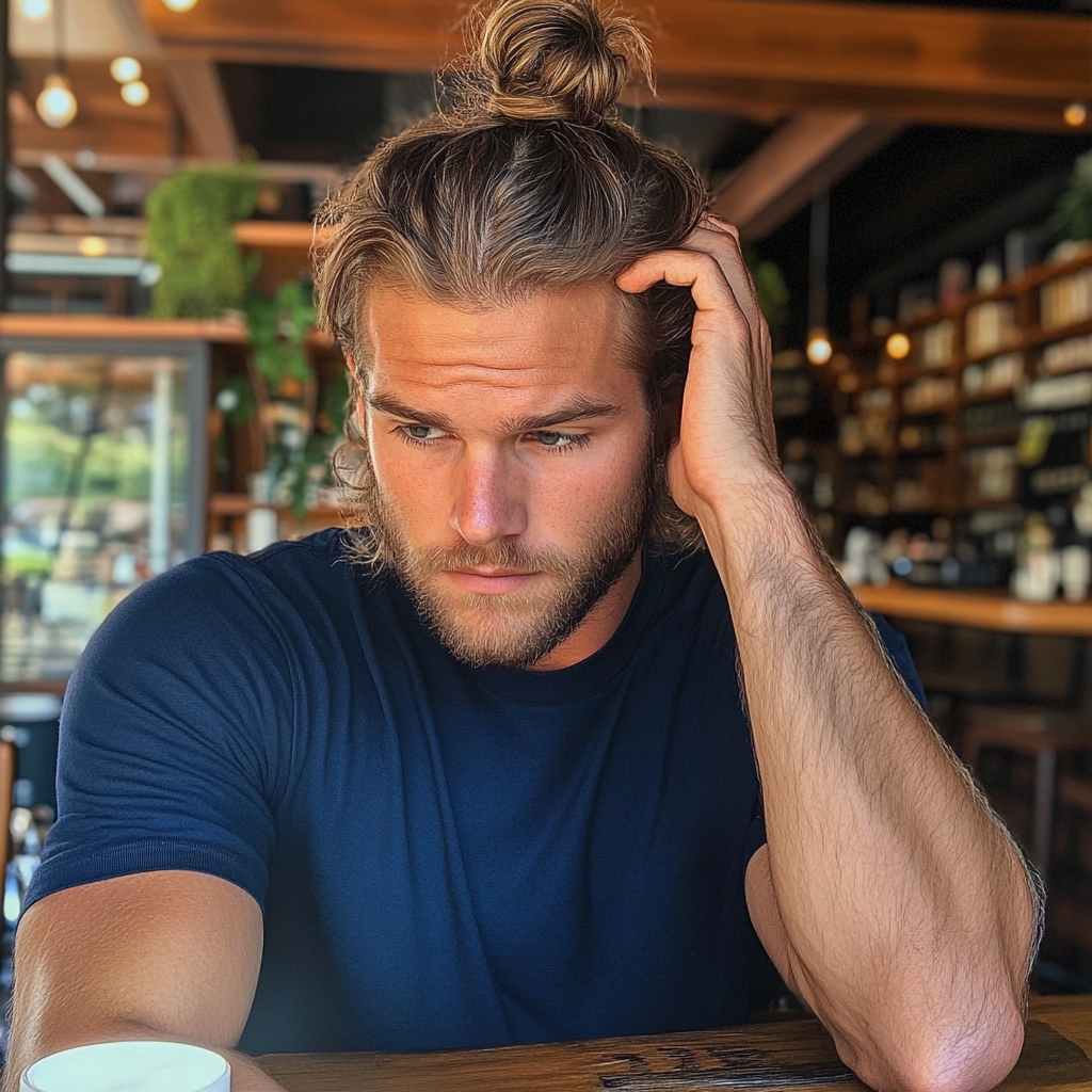 A man sitting at a table and holding his head | Source: Midjourney