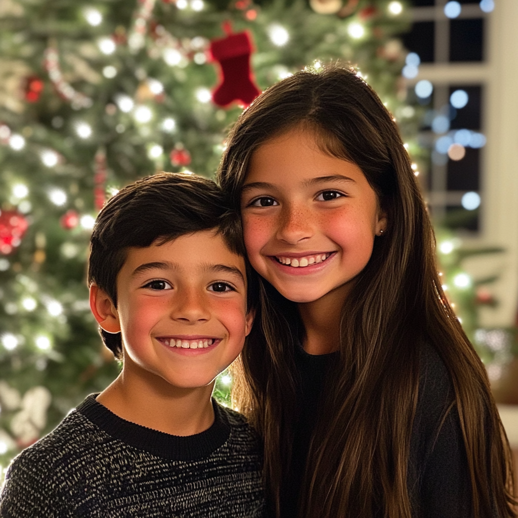 Siblings standing in front of a Christmas tree | Source: Midjourney