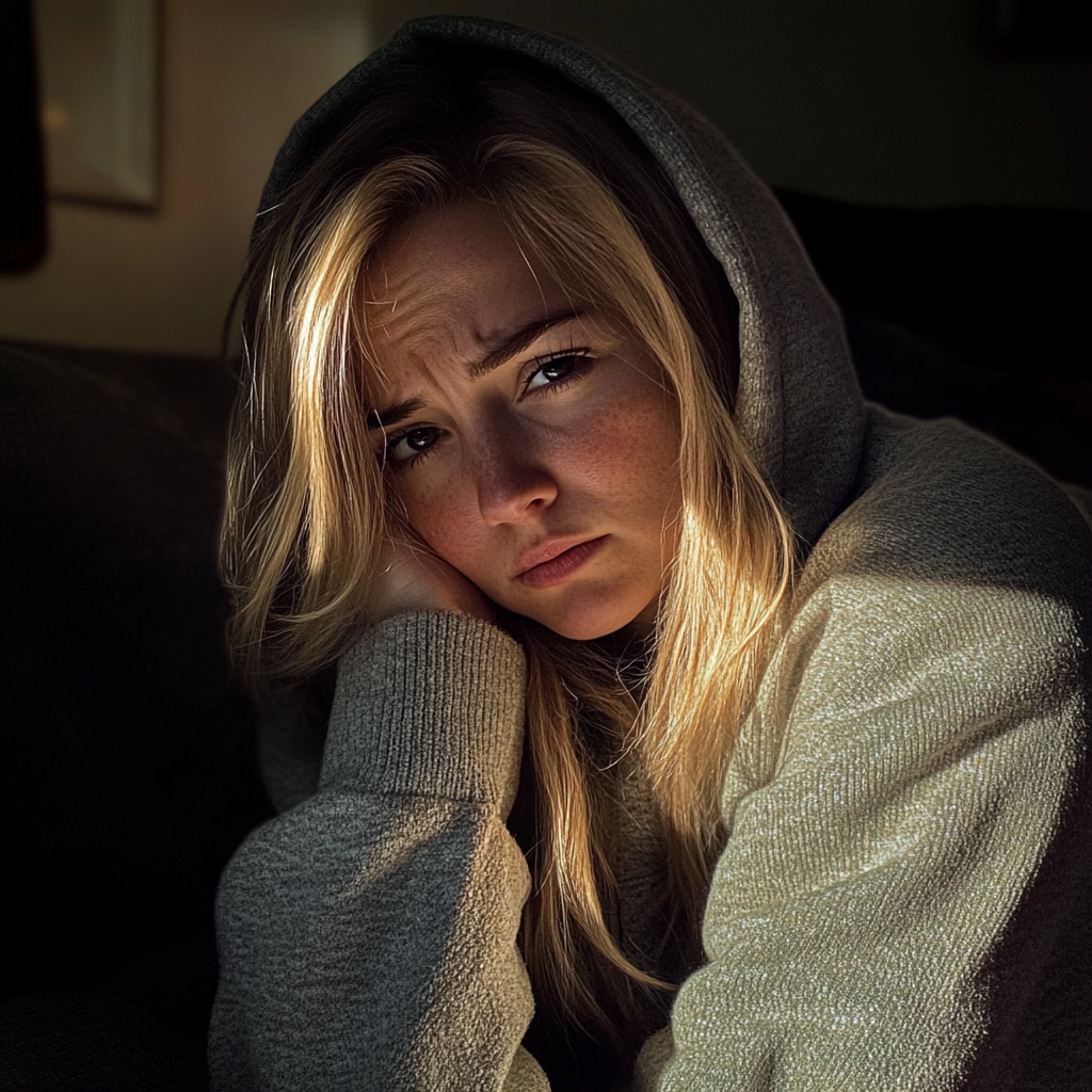 An upset woman sitting on a couch | Source: Midjourney