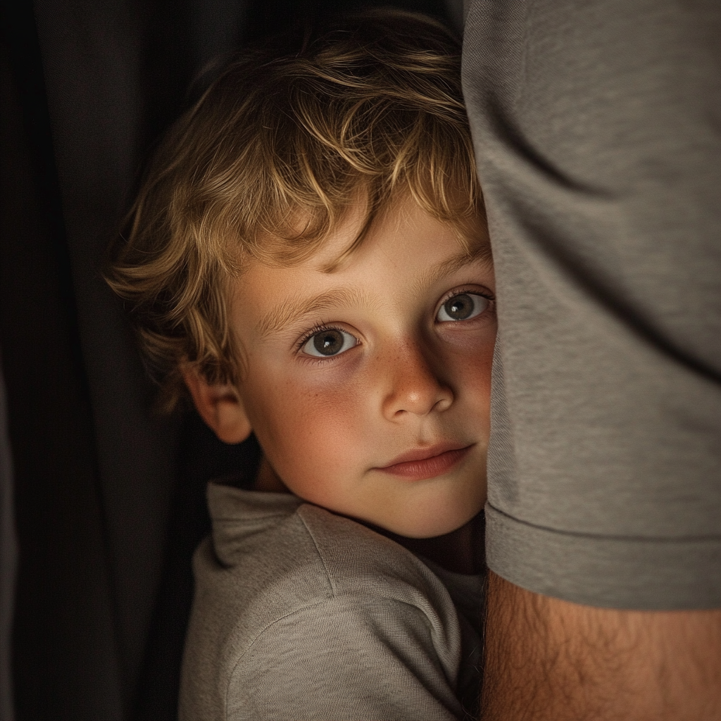 A young boy hiding behind his father | Source: Midjourney