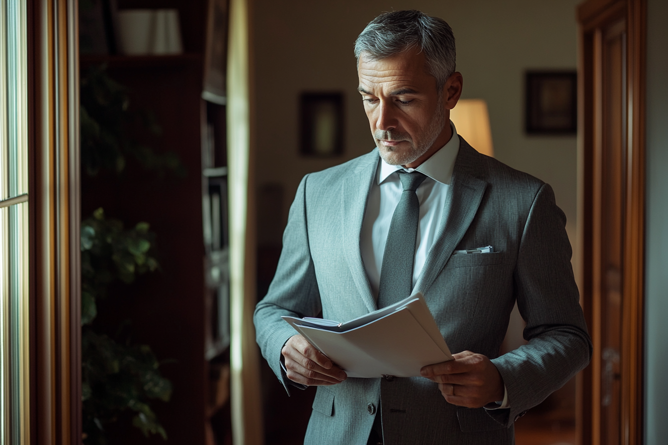 Man in a gray suit reading papers in his hands in a study | Source: Midjourney