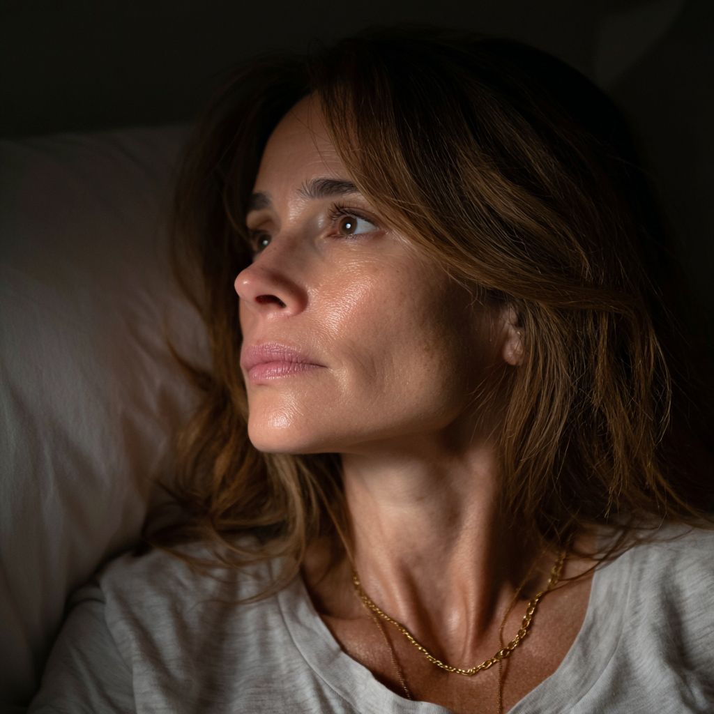 A pensive woman lying in her bed | Source: Midjourney