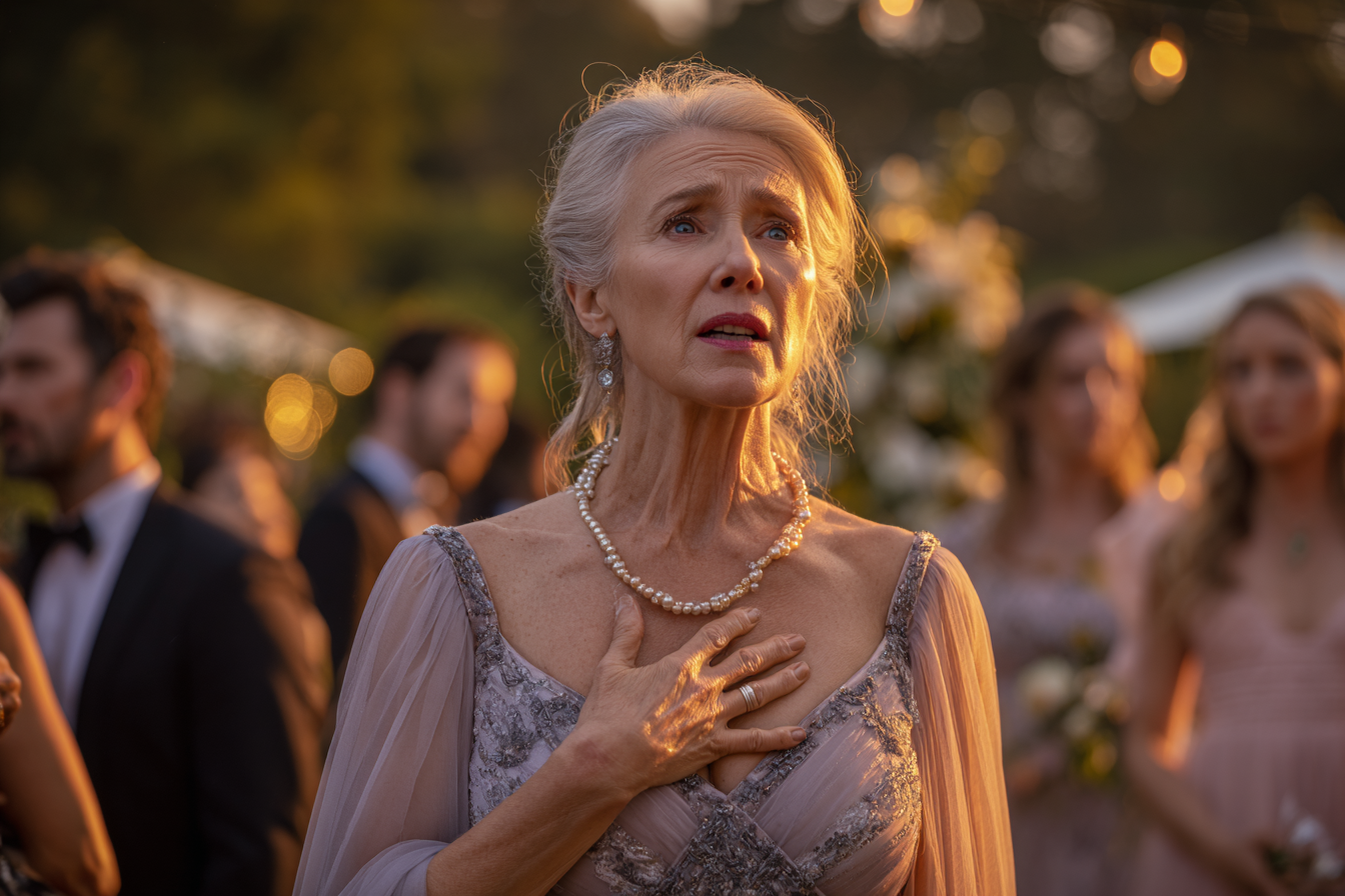 Starsza kobieta stojąca z ręką na piersi | Źródło: Midjourney