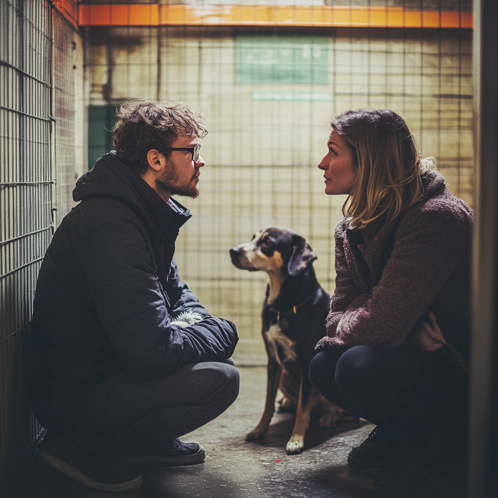 Um casal tendo um pequeno desentendimento em um abrigo para cães | Fonte: Midjourney