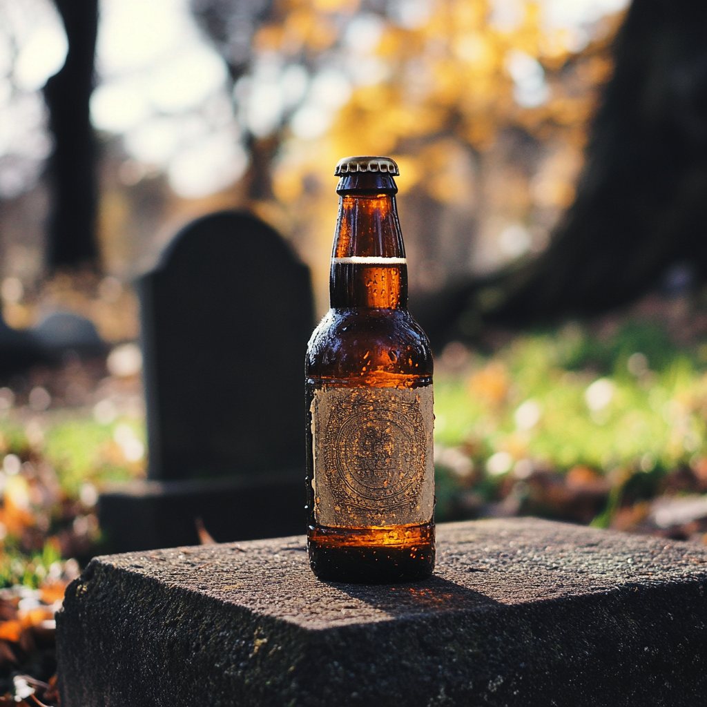 A bottle of beer standing near a headstone | Source: Midjourney