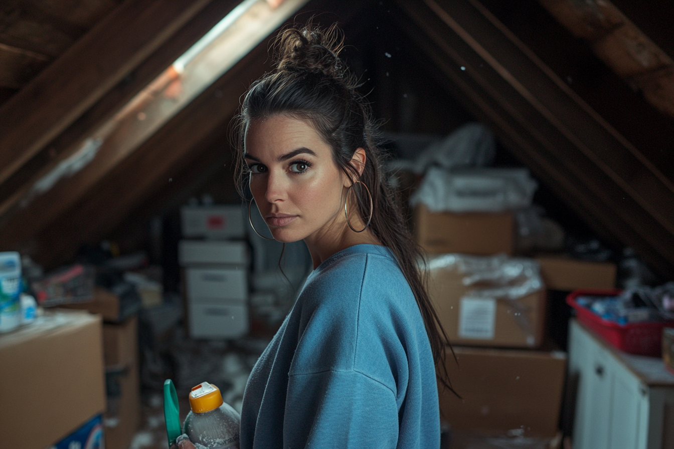 A woman in her 30s standing in a dirty attic holding cleaning supplies | Source: Midjourney