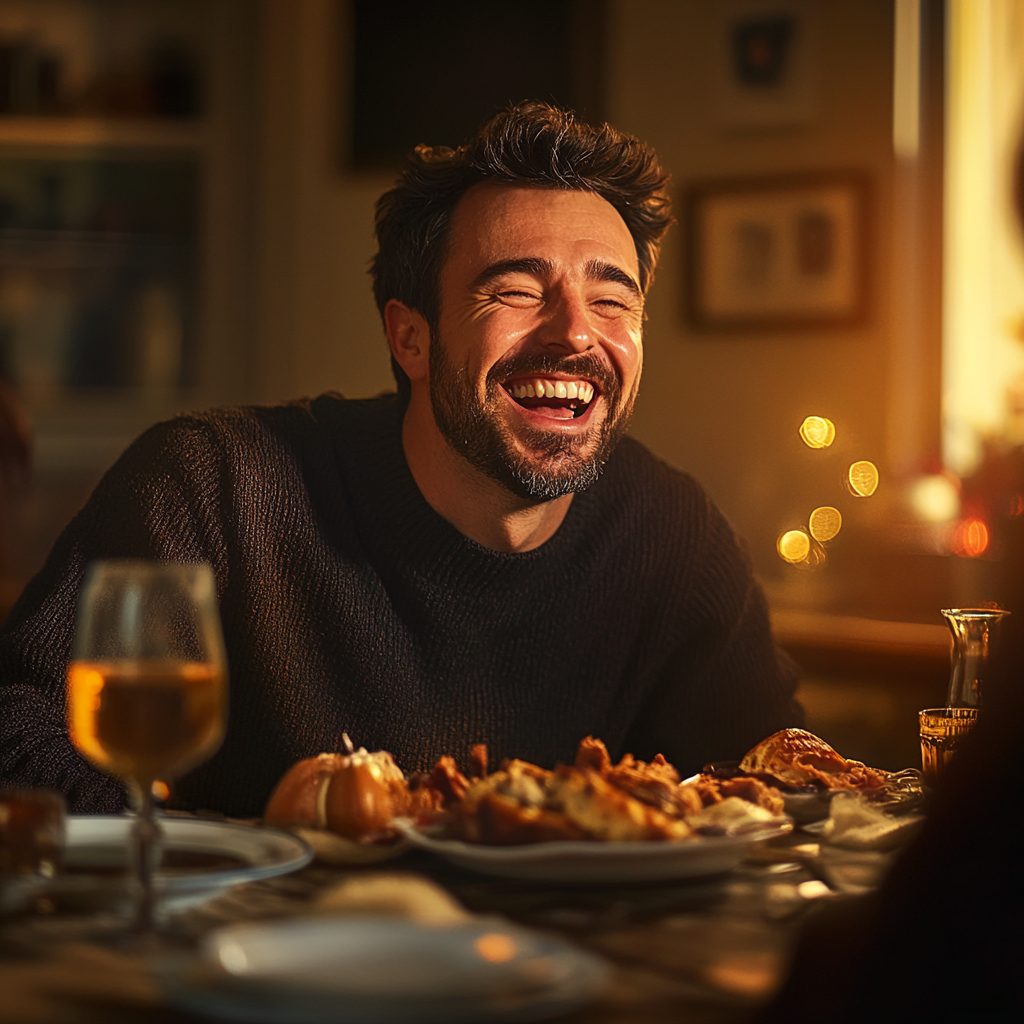 Man laughing while seated at a dinner table | Source: Midjourney