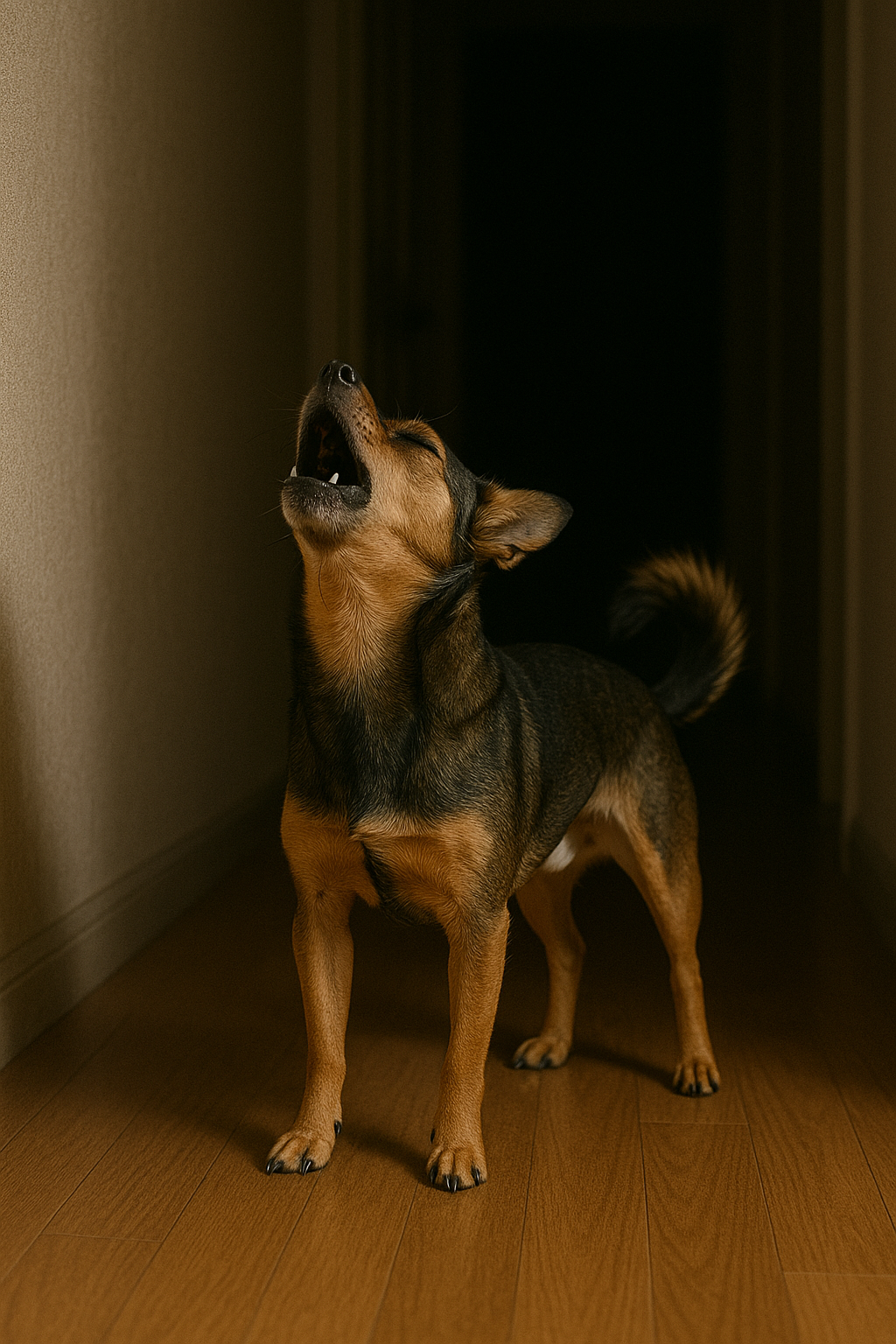 A dog howling in a hallway at night | Source: DALL-E