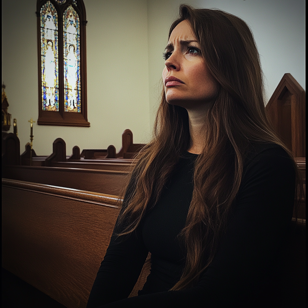 An upset woman in a church | Source: Midjourney