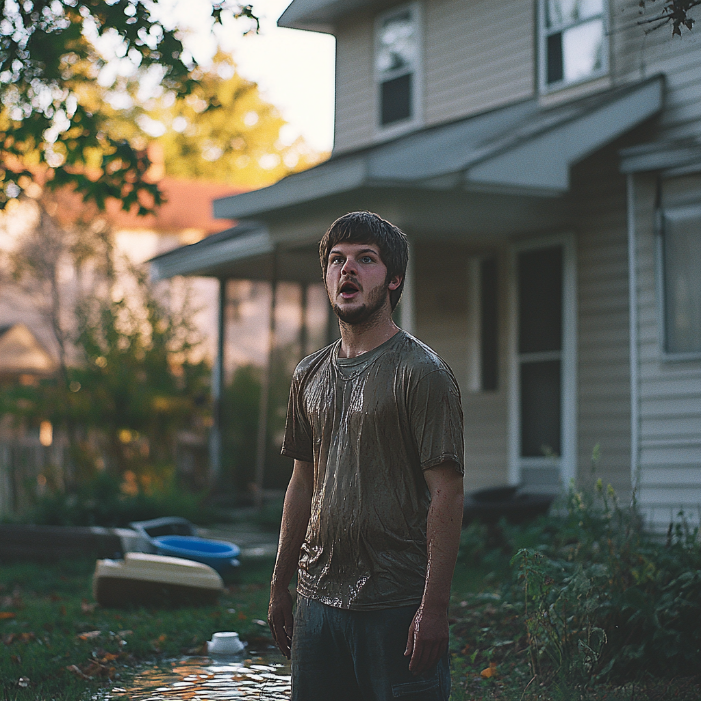 A shocked drenched man | Source: Midjourney