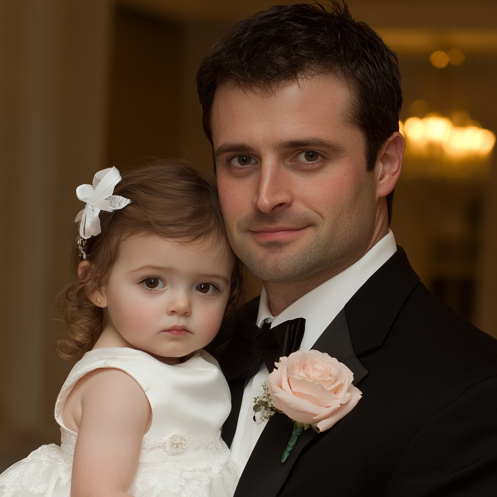 A smiling man holding his daughter | Source: Midjourney