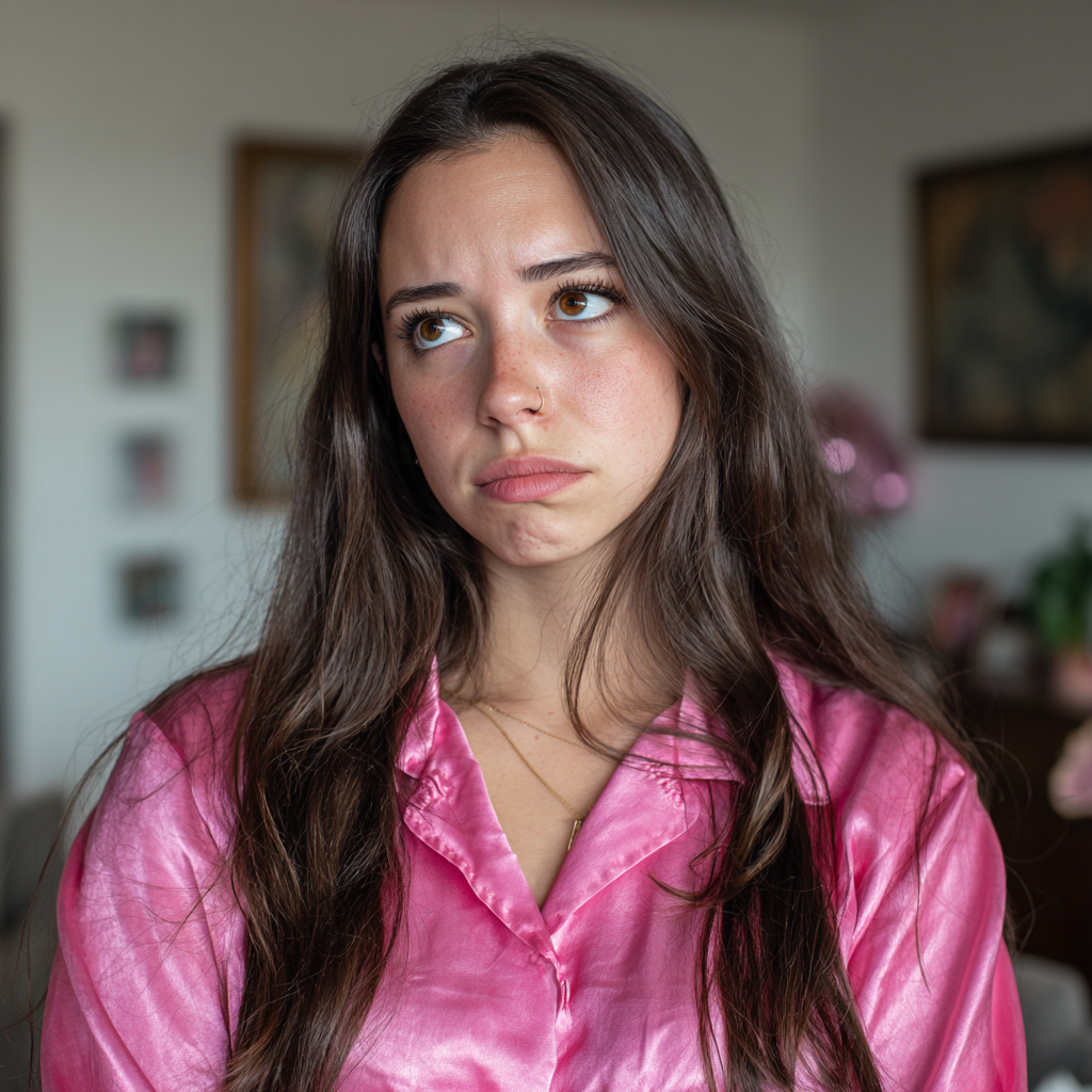 An upset woman wearing a pink blouse | Source: Midjourney