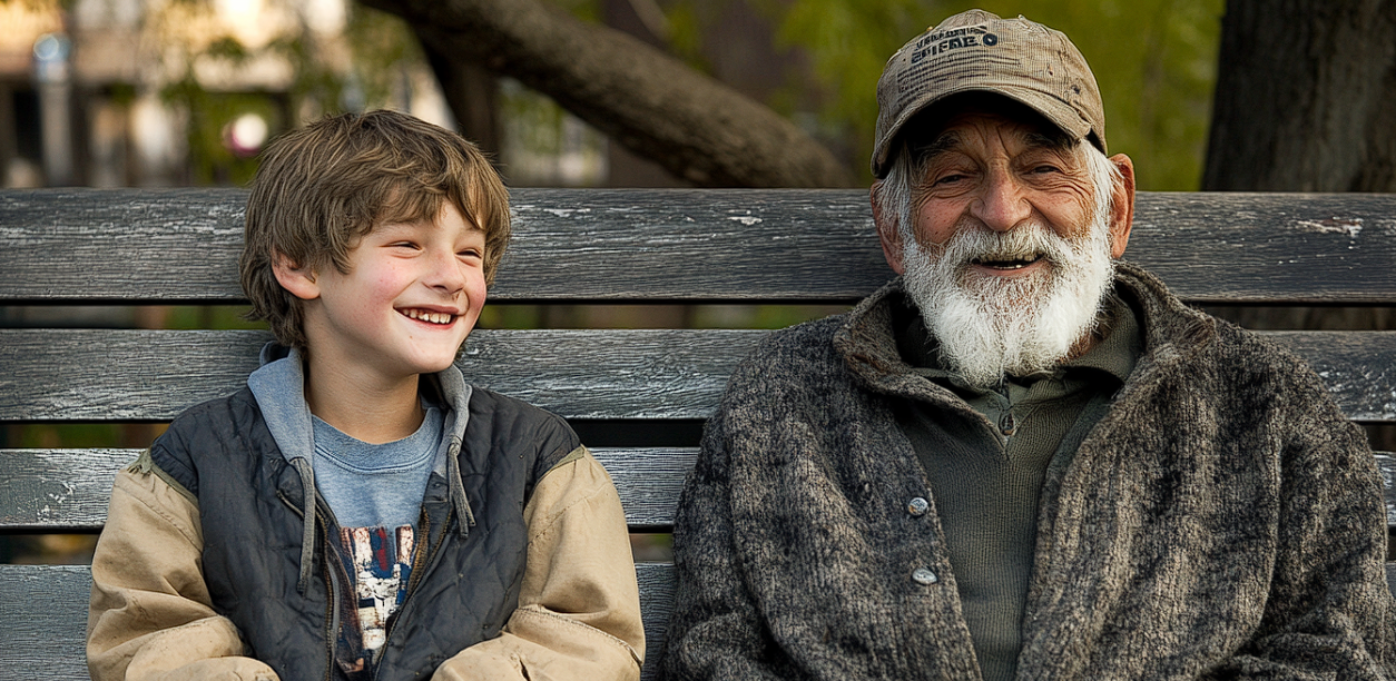 A teen boy and a homeless man on a bench | Source: Midjourney