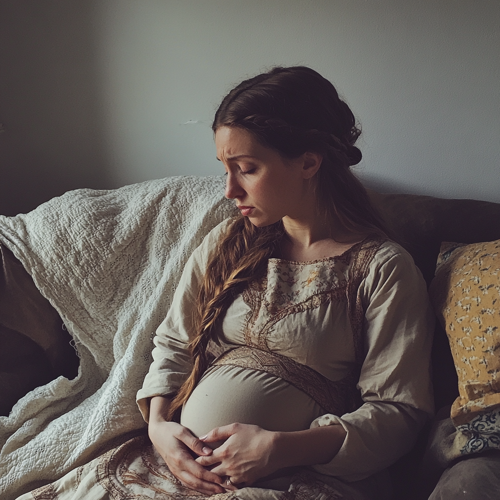 A woman holding her belly | Source: Midjourney