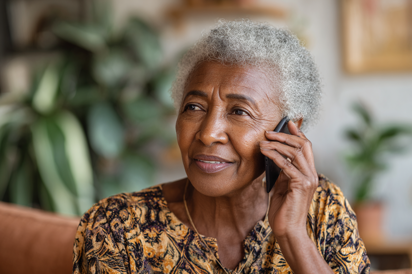 A woman frowning slightly while speaking on her cell phone | Source: Midjourney