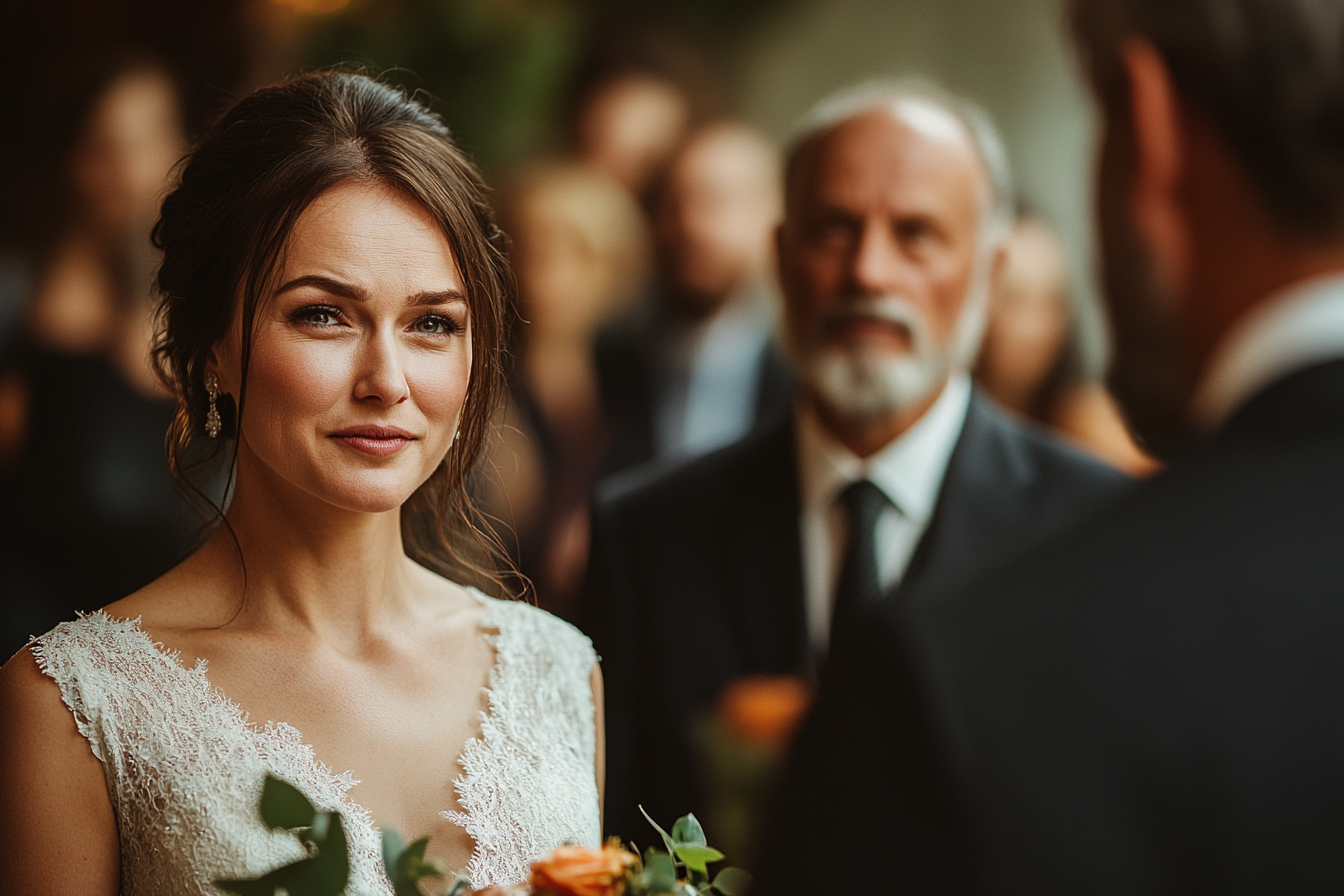 Emotional bride talking to her dad at her wedding | Source: Midjourney