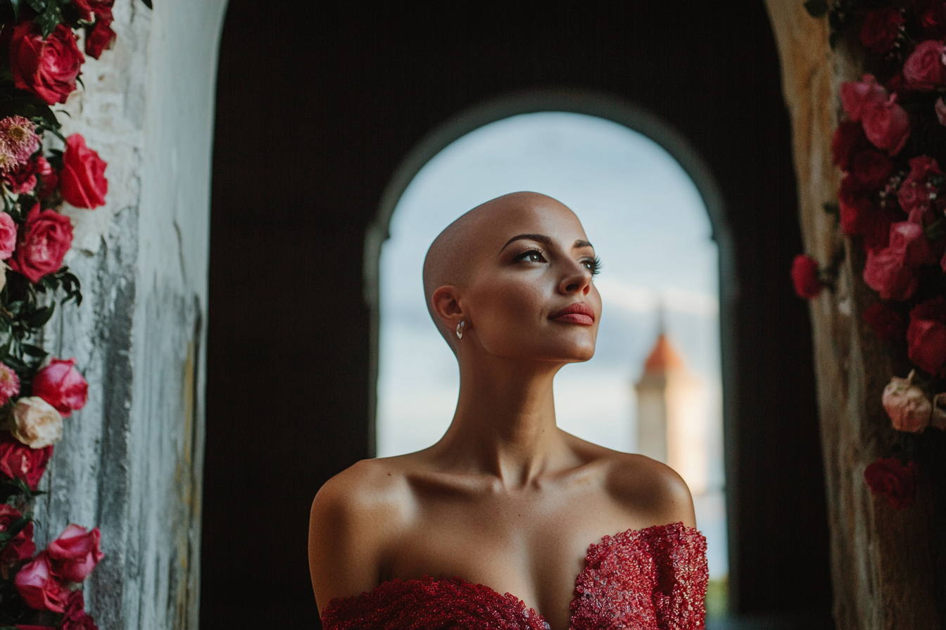 A confident bald woman wearing a red dress entering a church | Source: Midjourney