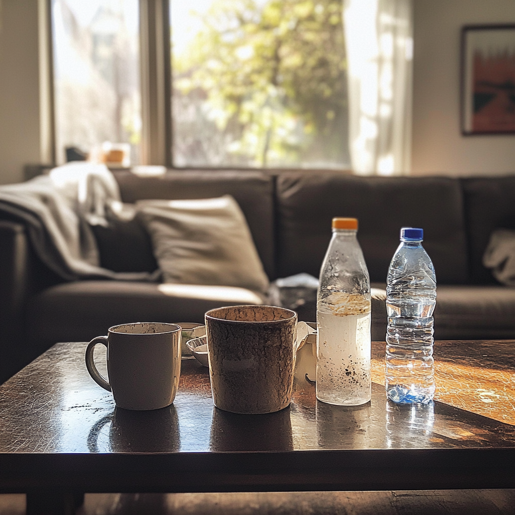 Mugs and bottles on a coffee table | Source: Midjourney