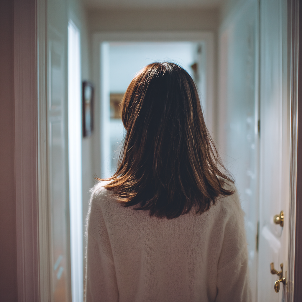 A woman walking down a hallway | Source: Midjourney